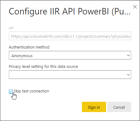 Screenshot showing how to skip testing for datasource credentials.